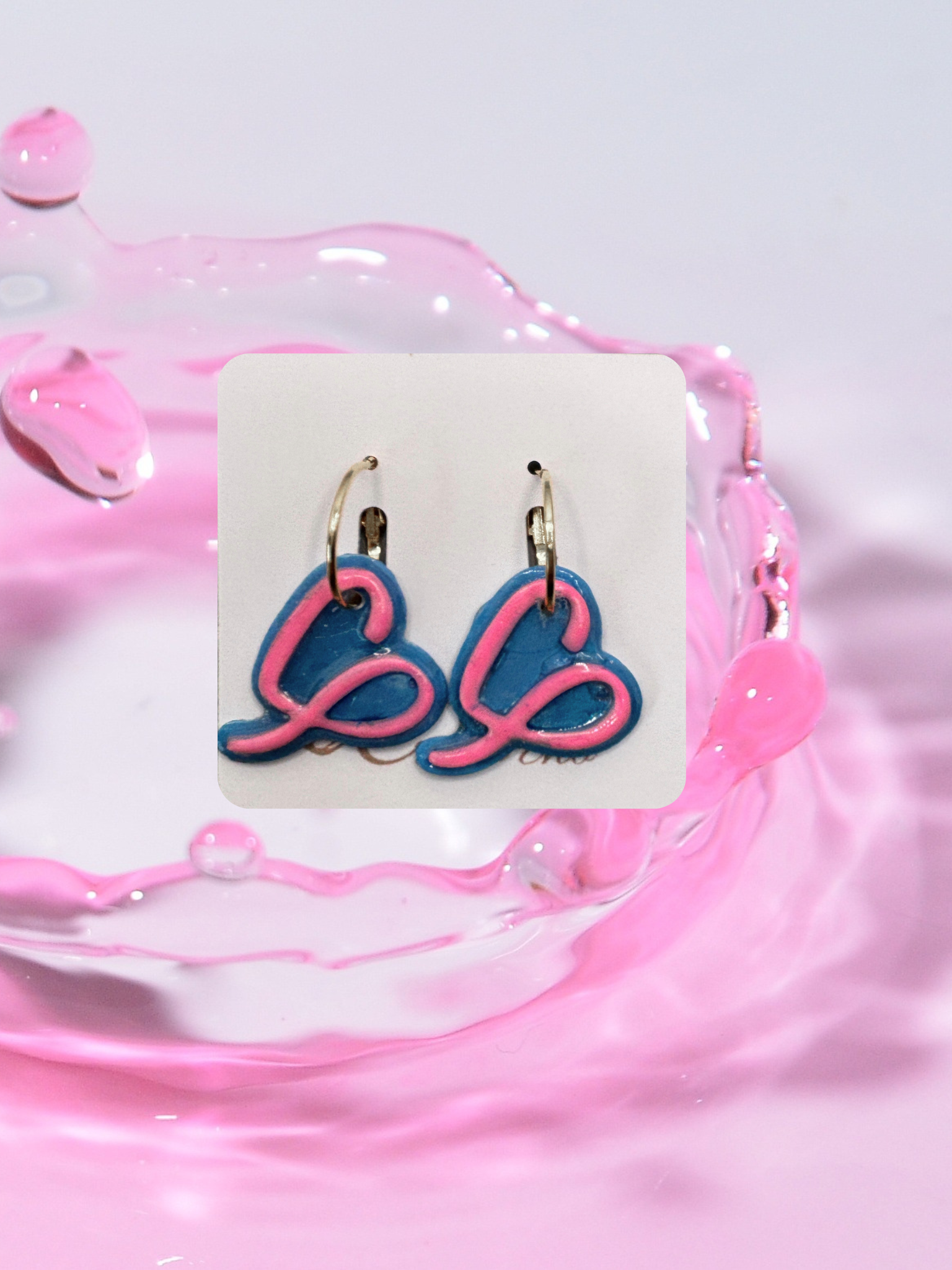 Boucles d'oreilles ruban coeur bleu-rose OTR4