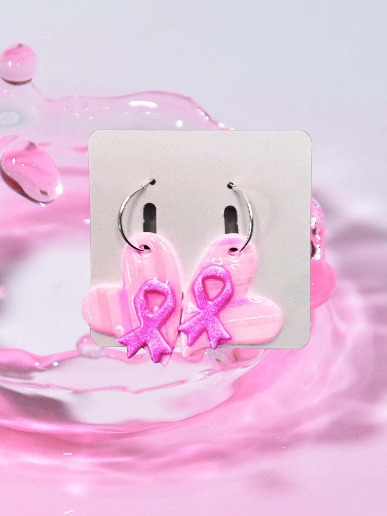 Boucles d'oreilles coeur ligné ruban fuschia OTR7