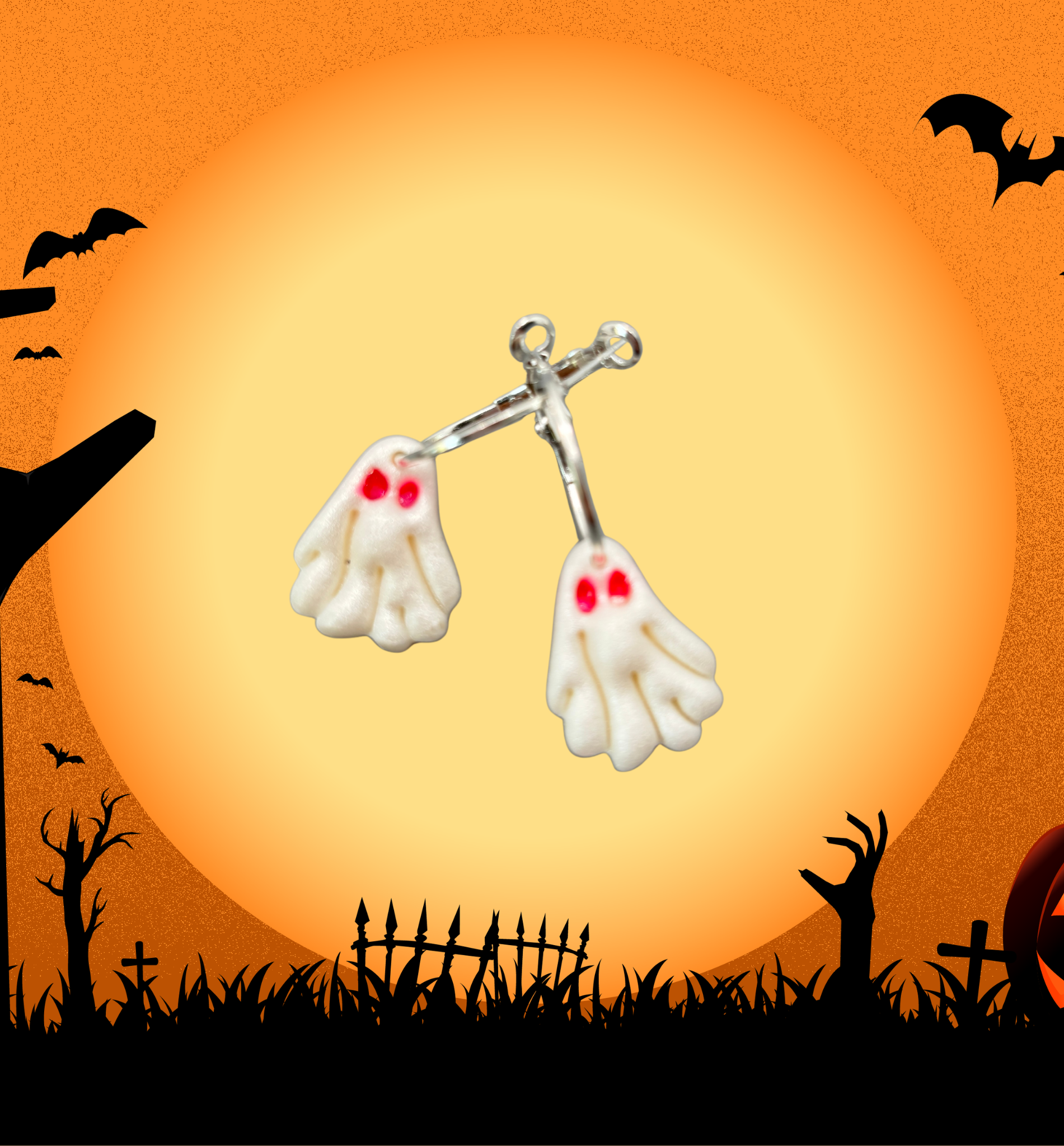 Boucles d'oreilles fantôme blanc aux yeux rose fluo HWF13