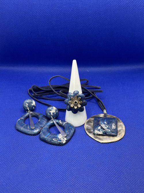 Parure complète "Boucles + Bague + Bracelet bleu profond"202609PrE3